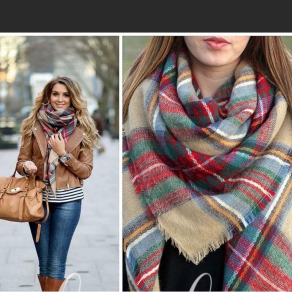 Plaid scarf. NWT RED, green, beige, winter, fringe Christmas, fall - Picture 4 of 12